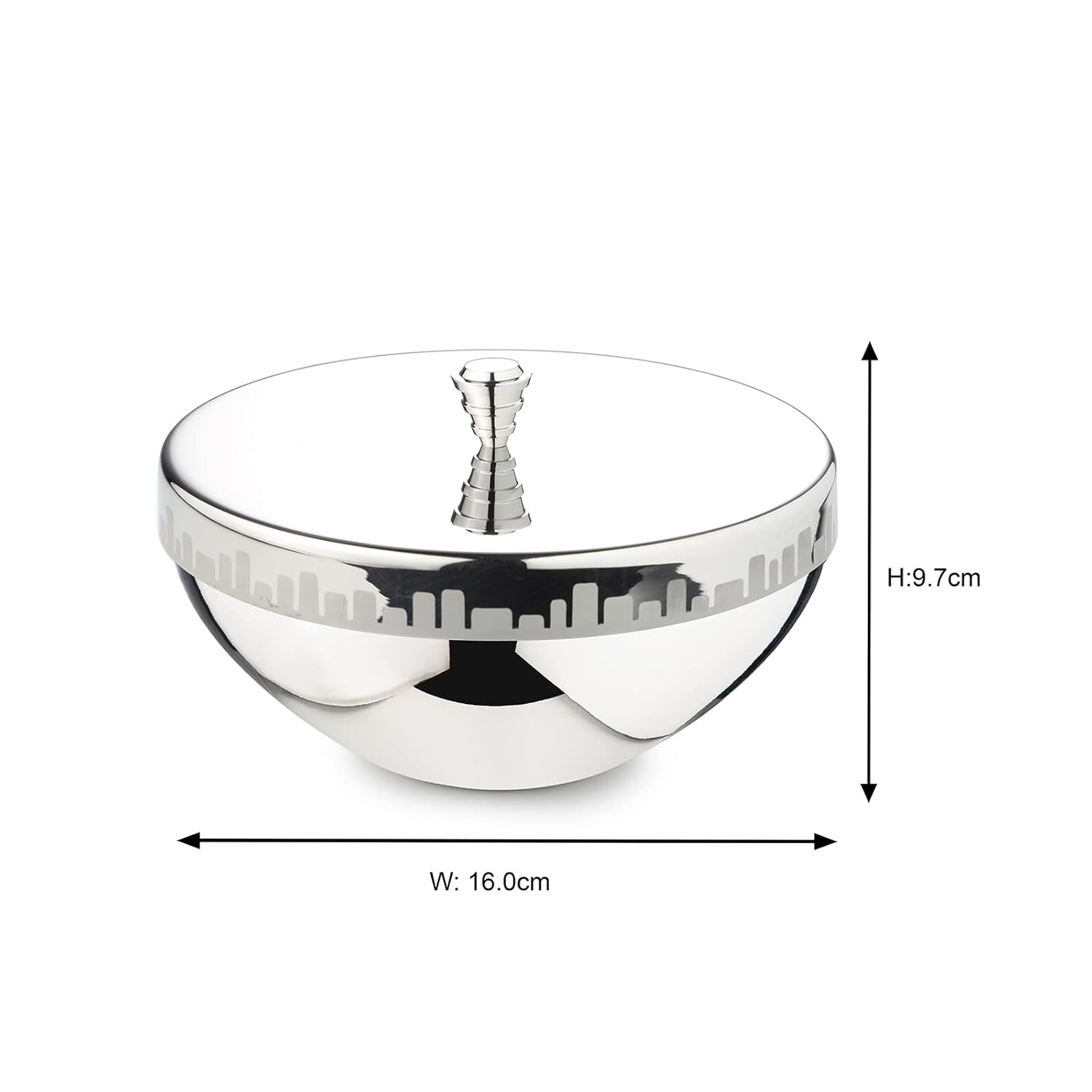 Chrome Stainless Steel Double-Walled Serving Bowl With Lid - Urban Horizon Series | Stainless Steel Donga With Lid | Small Dining Table Bowl | Cityscape Pattern Curry, Rice, Sabzi Serving Bowl Chrome Stainless Steel Double-Walled Serving Bowl With Lid - Urban Horizon Series | Stainless Steel Donga With Lid | Small Dining Table Bowl | Cityscape Pattern Curry, Rice, Sabzi Serving Bowl