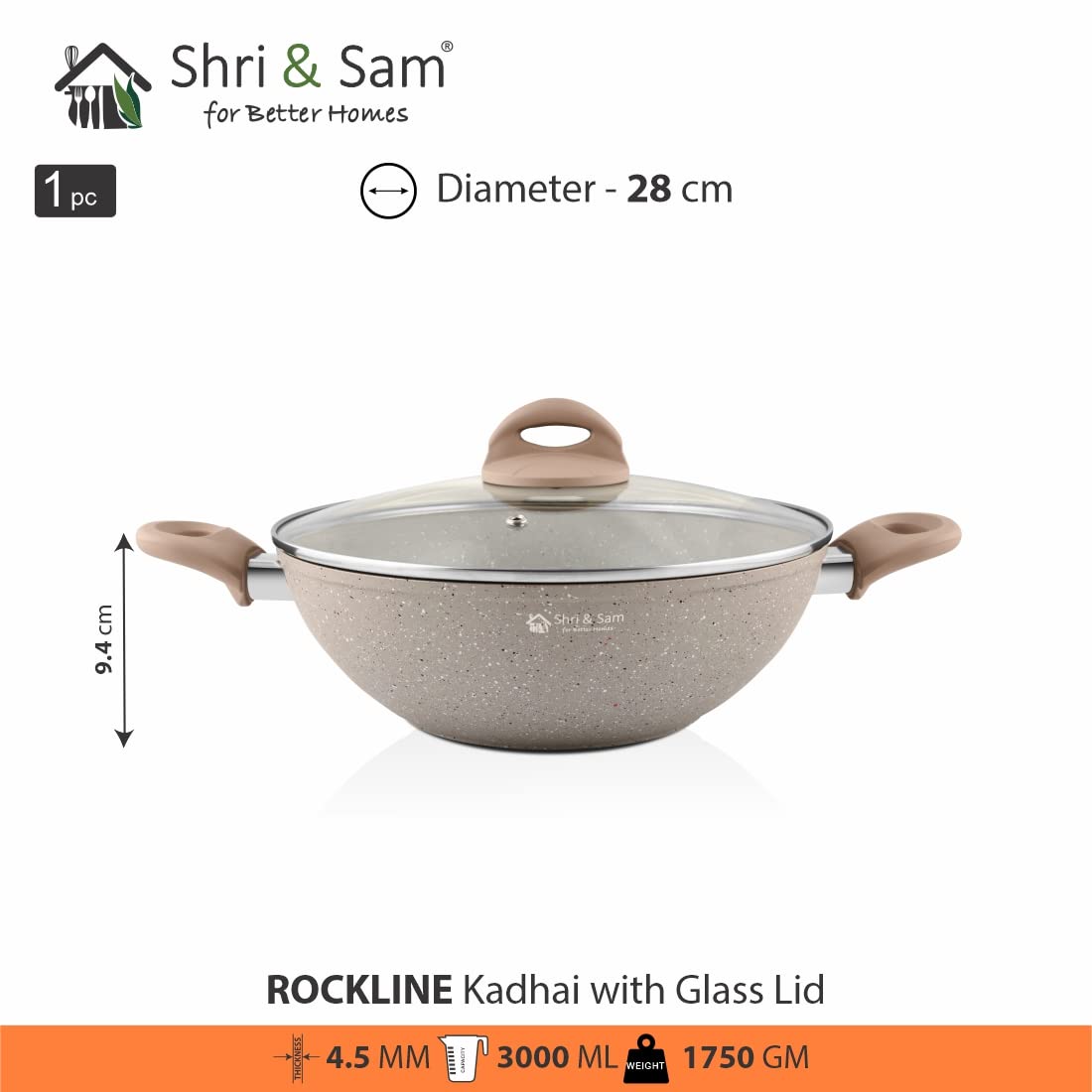 Rockline Aluminium Kadhai With Lid, Brown - 28 Cm, 3 Liters | Easy To Clean & Dishwasher Safe - Gas & Induction Compatible Rockline Aluminium Kadhai With Lid, Brown - 28 Cm, 3 Liters | Easy To Clean & Dishwasher Safe - Gas & Induction Compatible