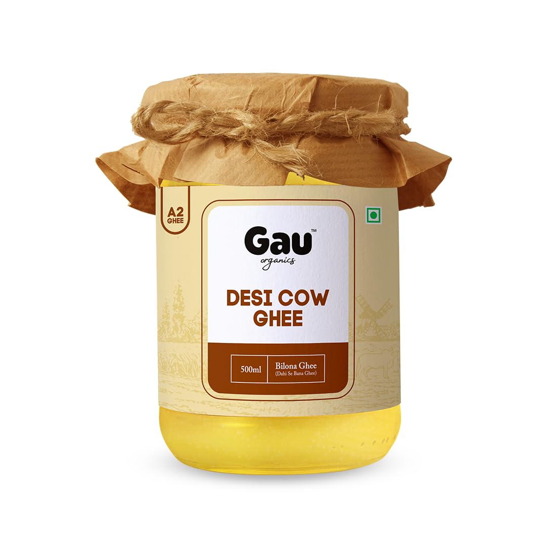 Pure A2 Desi Cow Ghee By Gau Organics | Natural Hand Made Curd Churned Desi Ghee Helps To Boost Immunity | (500ml) 16.9 Ounce | Jar Pack