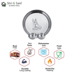 Stainless Steel Shiv Ji Pooja Thali Set Of 3, Silver | 1 Pooja Thali+ 2 Katoris - Easy To Clean & Dishwasher Safe