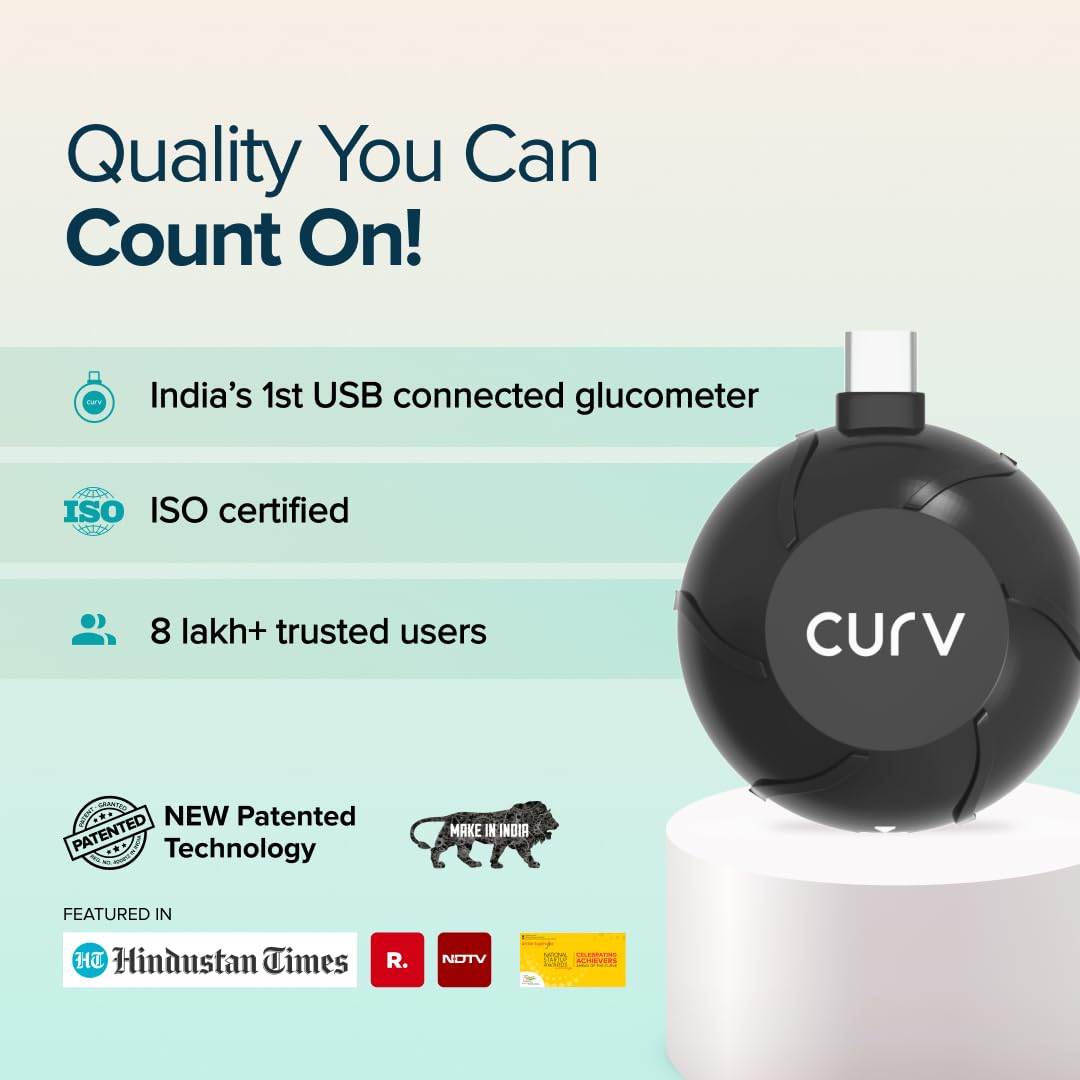 Beato Curv Sugar Test Machine | FREE 50 Strips & 50 Lancets (Type-C USB Connector) | Simple & accurate testing of Blood sugar levels at home |Smartphone Connected Glucometer Machine | Android only | ISO Certified: Made in India Beato Curv Sugar Test Machine | FREE 50 Strips & 50 Lancets (Type-C USB Connector) | Simple & accurate testing of Blood sugar levels at home |Smartphone Connected Glucometer Machine | Android only | ISO Certified: Made in India