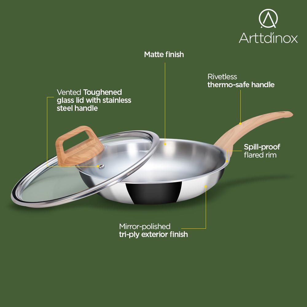 Timber Stainless Steel Triply Frypan With Glass Lid - 24 Cm, 1.8 Liters | Wood Finished Handle - Gas & Induction Base | 7 Yrs Warranty Timber Stainless Steel Triply Frypan With Glass Lid - 24 Cm, 1.8 Liters | Wood Finished Handle - Gas & Induction Base | 7 Yrs Warranty