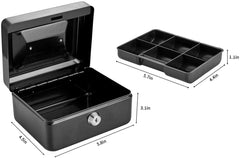 Small Cash 6’’ Inch Box With Key Lock, Portable Steel Cash Safe Box Petty Cash Tinlockable Cash Money Coin Safe Security Box, Colour - Black