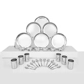 Stainless Steel Delight Dinner Set Of 30 Pieces, Silver | 6 Dinner Plates+ 6 Glasses+ 6 Bowls+ 6 Dessert Spoons+ 6 Tea Spoons