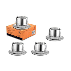 High Grade Stainless Steel Double Wall Cup & Saucer 4 Pcs, Size - 6.7 Cm Each | 4 Double Wall Cup+ 4 Saucer