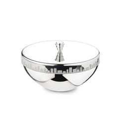 Chrome Stainless Steel Double-Walled Serving Bowl With Lid - Urban Horizon Series | Stainless Steel Donga With Lid | Small Dining Table Bowl | Cityscape Pattern Curry, Rice, Sabzi Serving Bowl