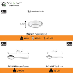 Stainless Steel Delight Solid Dinner Set Of 12 Pieces, Silver | 2 Dinner Plates+ 2 Glasses+ 2 Bowls+ 2 Pudding Bowls+ 2 Dessert Spoons+ 2 Tea Spoons