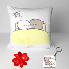 Peach & Goma Mochi Cat Pillow Cushion, Keychain With Card, White | Peach Goma Pillow, For Boyfriend, Valentines Gift For Girlfriend, Pillow For Couple, Washable Cover, Model No - 13
