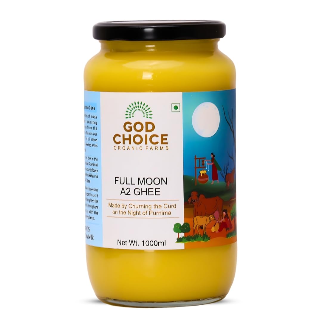Premium Full Moon A2 Desi Cow Ghee By God Choice Organic Farms | High In Protein Fiber Healthy Desi Ghee For Bones Health | (1 Litr) 33.8 Ounce | Jar Pack