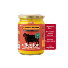 Premium A2 Gir Cow Ghee By oRegion | Vedic Bilona Method, Curd Churned Desi Cow Ghee Good For Health | (500ml) 16.9 Ounce | Jar Pack