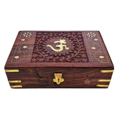 Exquisitely Hand Brass - Filled Traditional Wooden Om Box For Good Luck For Women, Jewellery 8 X 5 Inches, Colour - Brown, Retro Squares