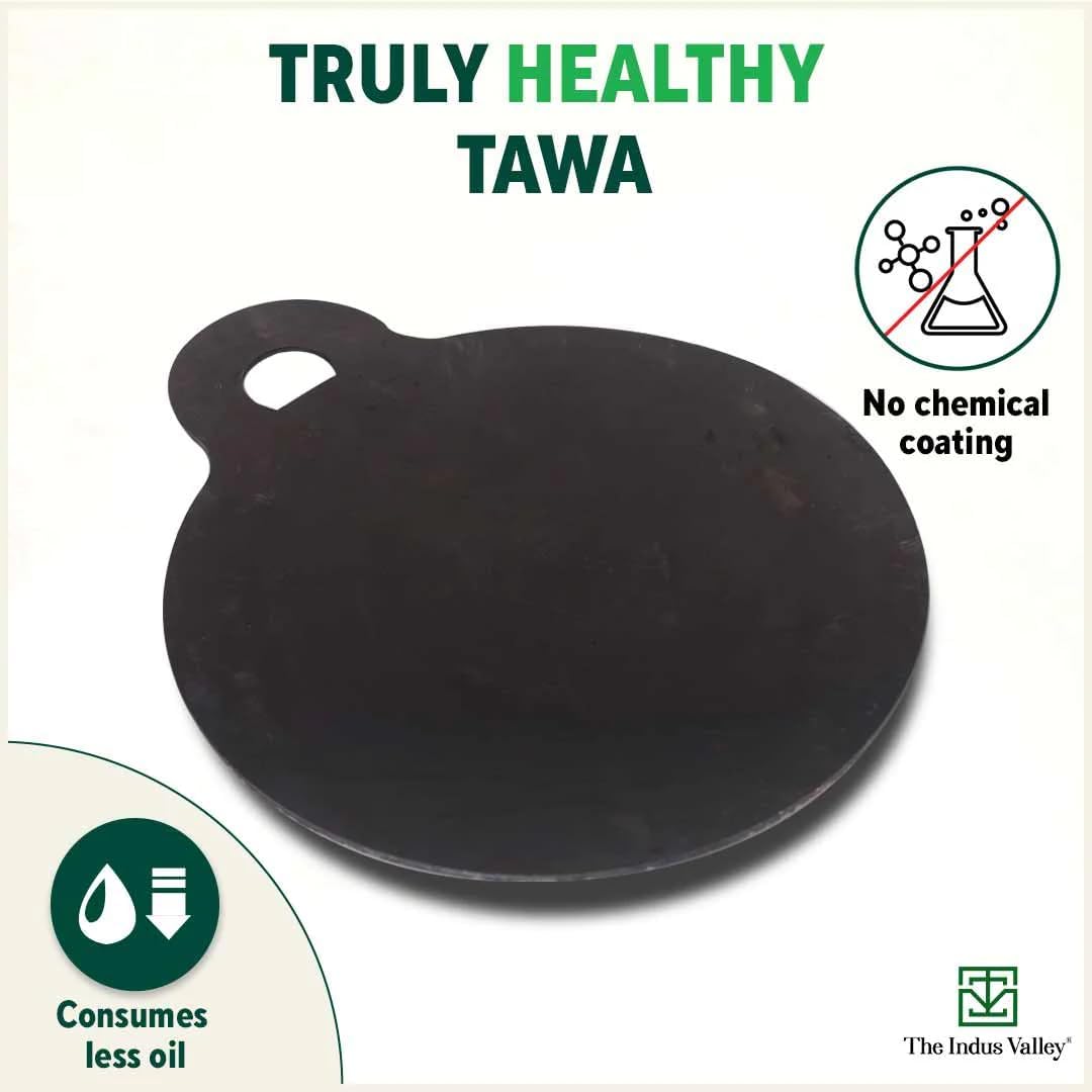 Pre-Seasoned Black Iron Tawa With Wooden Spatula & Flip For Dosa, Chapathi - 28cm, 11 Inch, 1.5 Kg | Gas Compatible, 100% Pure & Toxin-Free, No Chemical Coating Pre-Seasoned Black Iron Tawa With Wooden Spatula & Flip For Dosa, Chapathi - 28cm, 11 Inch, 1.5 Kg | Gas Compatible, 100% Pure & Toxin-Free, No Chemical Coating