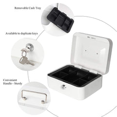 Small Cash Box With Key Lock - Durable Metal Cash Box With Money Tray, Colour - White, Lock Type - Key