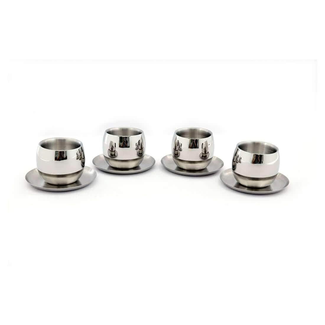 High Grade Stainless Steel Double Wall Cup & Saucer 4 Pcs, Size - 6.7 Cm Each | 4 Double Wall Cup+ 4 Saucer High Grade Stainless Steel Double Wall Cup & Saucer 4 Pcs, Size - 6.7 Cm Each | 4 Double Wall Cup+ 4 Saucer