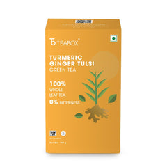 Teabox Turmeric Ginger Tulsi Green Tea - 100gm, 3.5 Ounce | Made With 100% Whole Leaf, Natural Ginger, Turmeric & Tulsi - Flavorful & Soothing Tea | Low Caffeine, 0% Bitterness