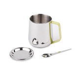 Stainless Steel Mug With Spoon & Lid - Bliss Series, Chrome & Yellow | Morning Drinking Cup - Ideal For Hot & Cold Drinks | Serve Ware & Tableware - Dishwasher Safe