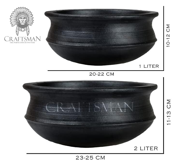 Deep Burned Uncoated Clay Pot Or Mitti Handi Combo With 2 Wooden Spatulas Complimentary Pack Of 2 - Black, 1 + 2 Liters | Pre-Seasoned Mud Pot - Unglazed, Double Fired, Hand Crafted Deep Burned Uncoated Clay Pot Or Mitti Handi Combo With 2 Wooden Spatulas Complimentary Pack Of 2 - Black, 1 + 2 Liters | Pre-Seasoned Mud Pot - Unglazed, Double Fired, Hand Crafted