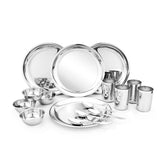 Stainless Steel Delight Solid Dinner Set Of 16 Pieces, Silver | 4 Dinner Plates+ 4 Glasses+ 4 Bowls+ 4 Dessert Spoons - Easy To Clean & Dishwasher-Safe