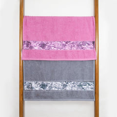 Rangoli 100% Cotton Fibre Bath Towels 1000 Gsm | Highly Durable & Absorbent With Printed Border | Quick Drying Towels (Pink & Grey) - Pack Of 2