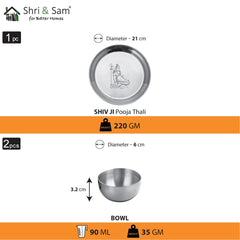 Stainless Steel Shiv Ji Pooja Thali Set Of 3, Silver | 1 Pooja Thali+ 2 Katoris - Easy To Clean & Dishwasher Safe