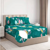 Cotton Elastic Fitted Bedsheets With 2 King Size Pillow Covers | 72x78+10 Inches, Dark Green & White | Double Bed With All Around Elastic Bedsheet