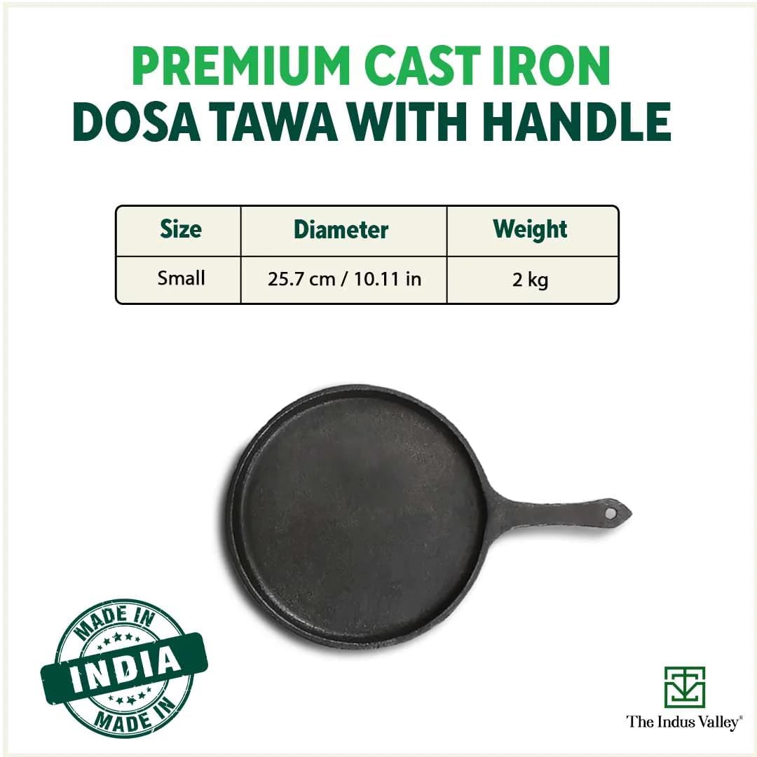 Pre-Seasoned Black Cast Iron Tawa With Free Wooden Spatula For Dosa, Chapathi - 25.7cm, 10.3 Inch, 2 Kg | Induction Friendly, Naturally Nonstick, 100% Pure & Toxin-Free, No Chemical Coating Pre-Seasoned Black Cast Iron Tawa With Free Wooden Spatula For Dosa, Chapathi - 25.7cm, 10.3 Inch, 2 Kg | Induction Friendly, Naturally Nonstick, 100% Pure & Toxin-Free, No Chemical Coating