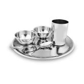 Stainless Steel Delight Solid Dinner Set Of 5 Pieces, Silver | 1 Dinner Plate+ 1 Glass+ 2 Bowls+ 1 Dessert Spoon - Easy To Clean & Dishwasher Safe