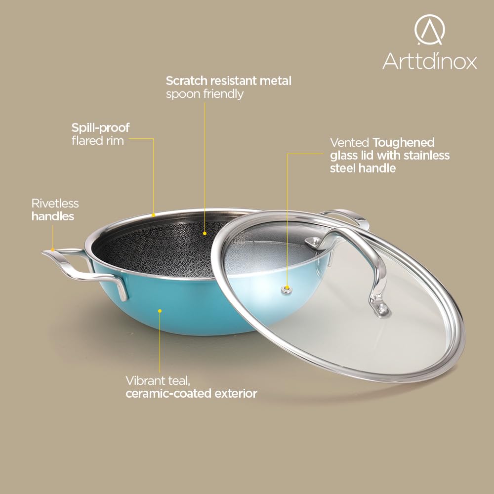 Vida Stainless Steel Triply Kadhai With Glass Lid - 24 Cm, 2.7 Liters | Etched Nonstick Kadai - Rivet Less Wired Double Handles | Induction & Gas Base Vida Stainless Steel Triply Kadhai With Glass Lid - 24 Cm, 2.7 Liters | Etched Nonstick Kadai - Rivet Less Wired Double Handles | Induction & Gas Base