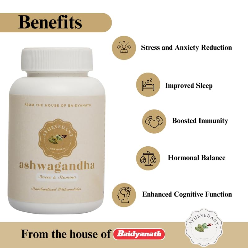 Baidyanath Jhansi Ayurvedant Ashwagandha For Control Stress, Improves Vitality & Muscle Strength | 60 Tablets 100gm 0.2lbs Baidyanath Jhansi Ayurvedant Ashwagandha For Control Stress, Improves Vitality & Muscle Strength | 60 Tablets 100gm 0.2lbs