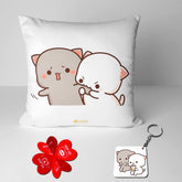 Satin Peach & Goma Mochi Cat Pillow Cushion, Keychain With Card, White Color | Peach Goma Pillow, For Boyfriend, Valentines Gift For Girlfriend, Pillow For Couple, Model No - Combo 06