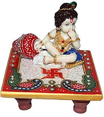 Laddoo Gopal Idol With Chowki, White, Marble, Handmade, All Occasion & Festivals, Ideal For Gifting Purpose | Best Suited For Pooja Ghar Statue