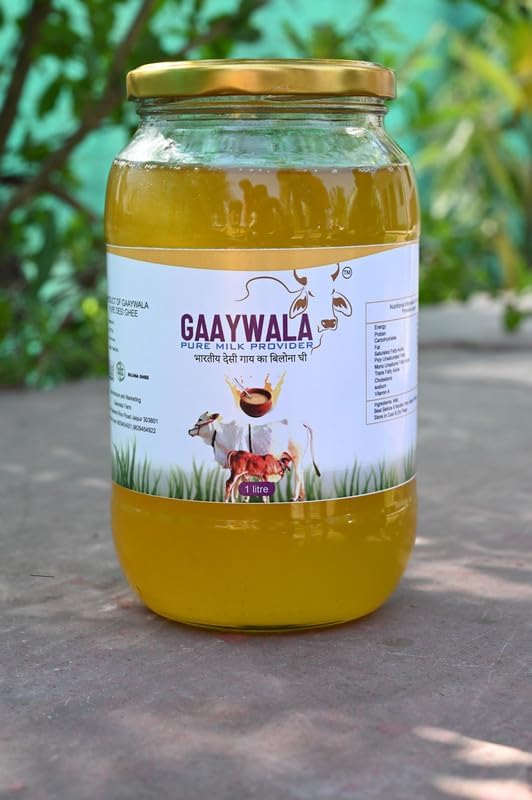 Premium Natural Cow Ghee By Gaaywala | Good Source Of Protein Fiber Healthy Pure Desi Cow Ghee Perfect For Sweets | (1 Litre) 33.8 Ounce | Jar Pack