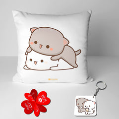 Peach & Goma Mochi Cat Pillow Cushion, Keychain With Card, White Color | Peach Goma Pillow, For Boyfriend, Valentines Gift For Girlfriend, Valentine Pillow For Couple, Model No - Combo 26