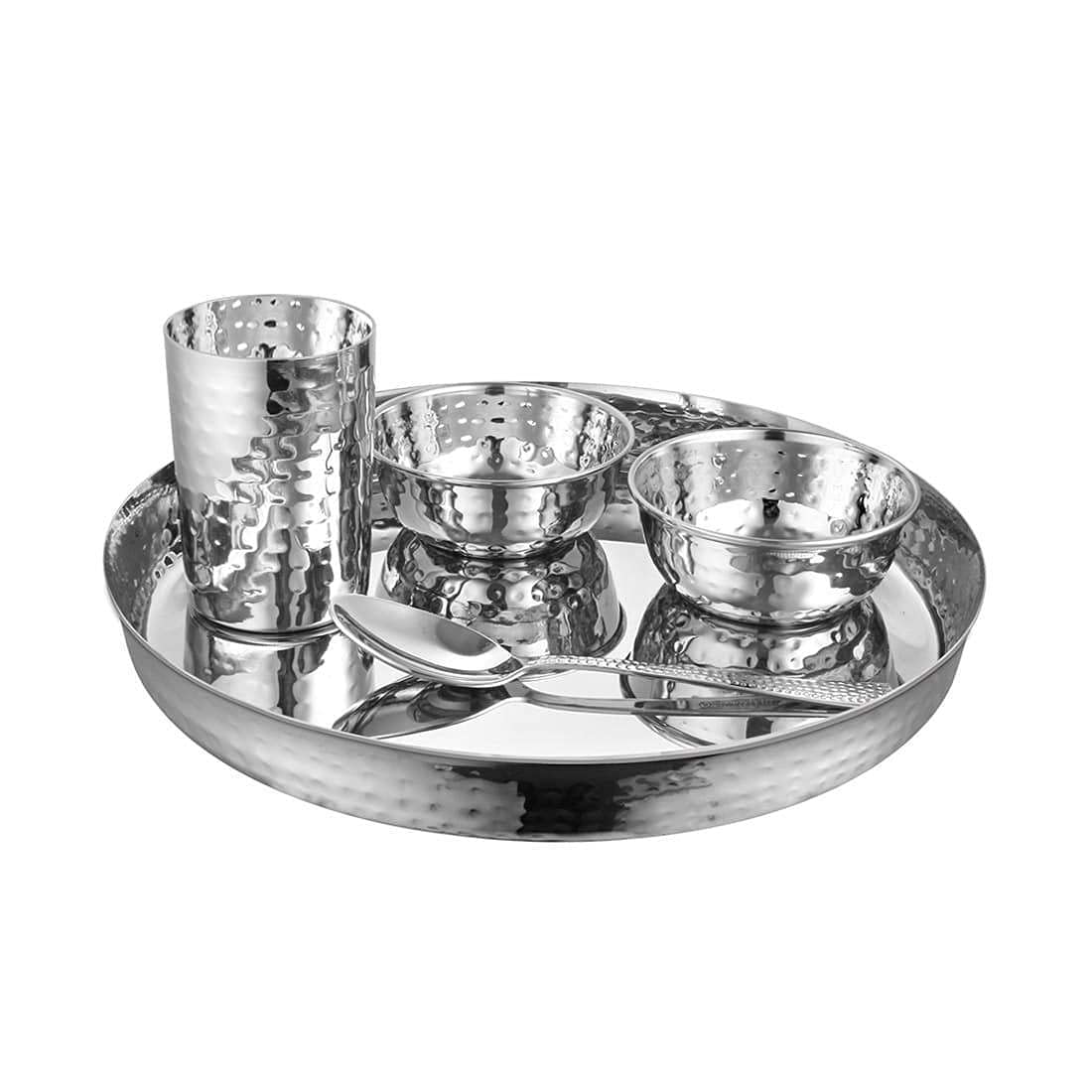 High Grade Stainless Steel Komcha Hammered Thali Set Of 5 Pieces, Mirror Finish | 1 Thali+ 2 Bowls+ 1 Glass+ 1 Dessert Spoon - Easy To Clean & Dishwasher Safe High Grade Stainless Steel Komcha Hammered Thali Set Of 5 Pieces, Mirror Finish | 1 Thali+ 2 Bowls+ 1 Glass+ 1 Dessert Spoon - Easy To Clean & Dishwasher Safe