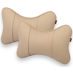 Faux Leather Car Neck Rest Pillow, Pillow Compatible With All Cars - Beige | Neck & Head While Driving Pillow For Neck Pain Relief | Light Weight & Easy To Clean, Wash - Pack Of 2