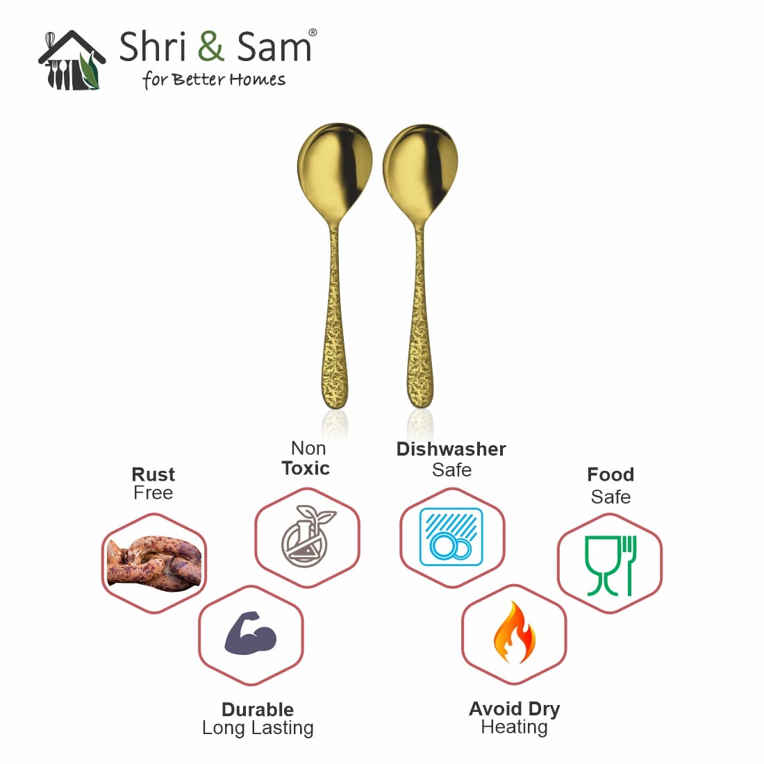 Stainless Steel Jasmine With Gold PVD Coating & Laser Serving Spoon Set Of 2 Pieces | Easy To Clean & Dishwasher Safe Stainless Steel Jasmine With Gold PVD Coating & Laser Serving Spoon Set Of 2 Pieces | Easy To Clean & Dishwasher Safe