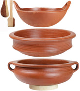 Deep Burned Uncoated Clay Pot + Kadai + Handi With Handle Combo With 2 Wooden Spatulas Complimentary Pack Of 3 - Red, 1+2+3 Liters | Pre-Seasoned Mud Pot - Unglazed, Double Fired, Hand Crafted