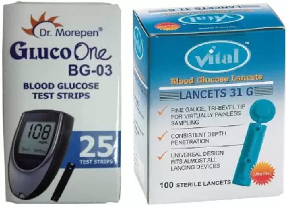 Dr. Morepen BG-03 25 Test Strips With Vital Round Glucometer Lancets (100) Dr. Morepen BG-03 25 Test Strips With Vital Round Glucometer Lancets (100)