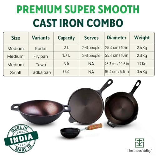Super Smooth Cast Iron Cookware Set + Free Iron Tadka Pan - Tawa 26.3cm + Kadai 25.4cm, 2 Liters + Fry Pan 25.4cm, 1.7 Liters | Kitchen Cooking Combo Pots & Pans Set Of 4 Pcs - Naturally Nonstick Super Smooth Cast Iron Cookware Set + Free Iron Tadka Pan - Tawa 26.3cm + Kadai 25.4cm, 2 Liters + Fry Pan 25.4cm, 1.7 Liters | Kitchen Cooking Combo Pots & Pans Set Of 4 Pcs - Naturally Nonstick
