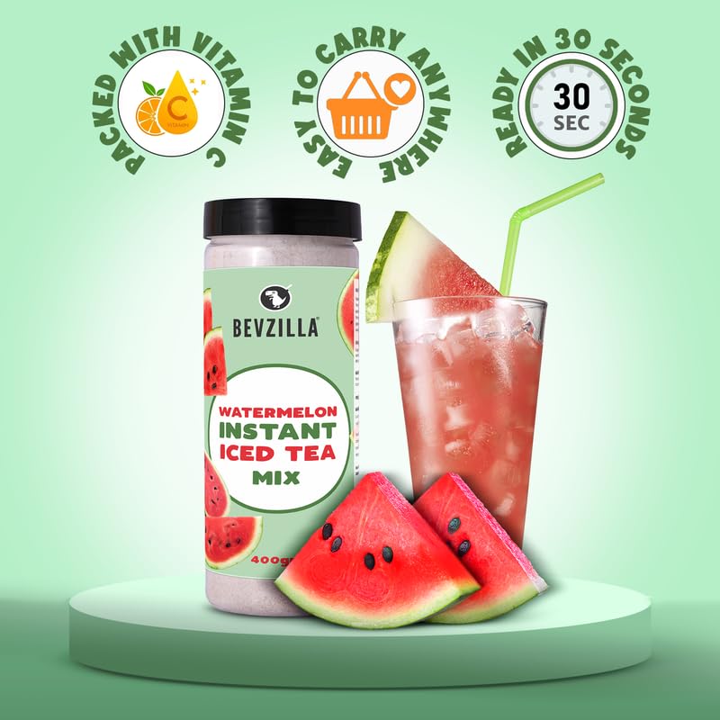 Bevzilla Watermelon Instant Iced Tea Mix - 400gm, 14.1 Ounce | Quick Ready In 30 Seconds - Perfect Refreshing Summer Drink | Easy To Carry Anywhere - Low Caffeine Bevzilla Watermelon Instant Iced Tea Mix - 400gm, 14.1 Ounce | Quick Ready In 30 Seconds - Perfect Refreshing Summer Drink | Easy To Carry Anywhere - Low Caffeine