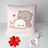 Satin Peach & Goma Mochi Cat Pillow Cushion, Keychain With Card, White Color | Peach Goma Pillow, For Boyfriend, Valentines Gift For Girlfriend, Pillow For Couple, Model No - Combo 01
