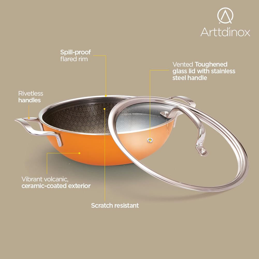 Vida Stainless Steel Triply Kadhai With Glass Lid - 24 Cm, 2.7 Liters | Etched Nonstick Kadai - Rivet Less Wired Double Handles | Induction & Gas Base, Volcanic Color Vida Stainless Steel Triply Kadhai With Glass Lid - 24 Cm, 2.7 Liters | Etched Nonstick Kadai - Rivet Less Wired Double Handles | Induction & Gas Base, Volcanic Color