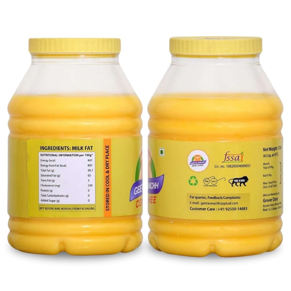 Organic Cow Desi Ghee By Geeta Swachh | Natural & Healthy Curd-Churned Desi Cow Ghee Good For Cooking, Frying | (5 Litre) 169.0 Ounce | Jar Pack Organic Cow Desi Ghee By Geeta Swachh | Natural & Healthy Curd-Churned Desi Cow Ghee Good For Cooking, Frying | (5 Litre) 169.0 Ounce | Jar Pack