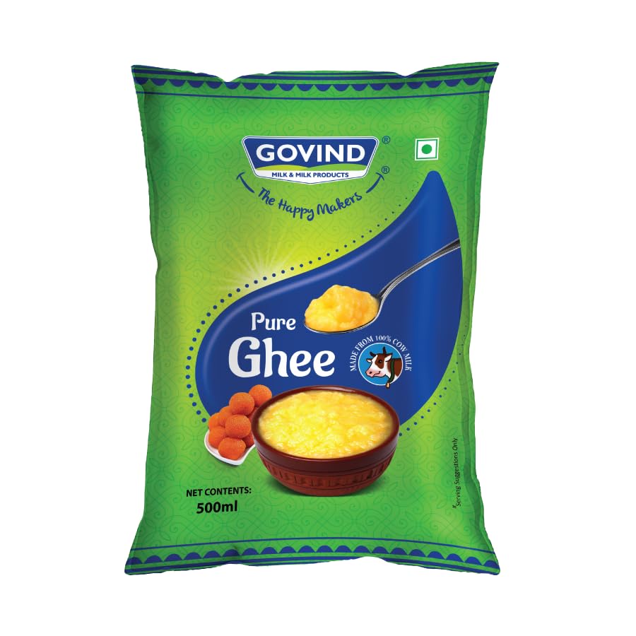 Premium Pure Cow Ghee By Govind | Rich In Vitamins A, D & E Healthy Nutrients Desi Ghee Good For Boost Immunity | (500ml) 16.9 Ounce | Pouch Pack