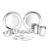 Stainless Steel Delight Solid Dinner Set Of 12 Pieces, Silver | 2 Dinner Plates+ 2 Glasses+ 2 Bowls+ 2 Pudding Bowls+ 2 Dessert Spoons+ 2 Tea Spoons