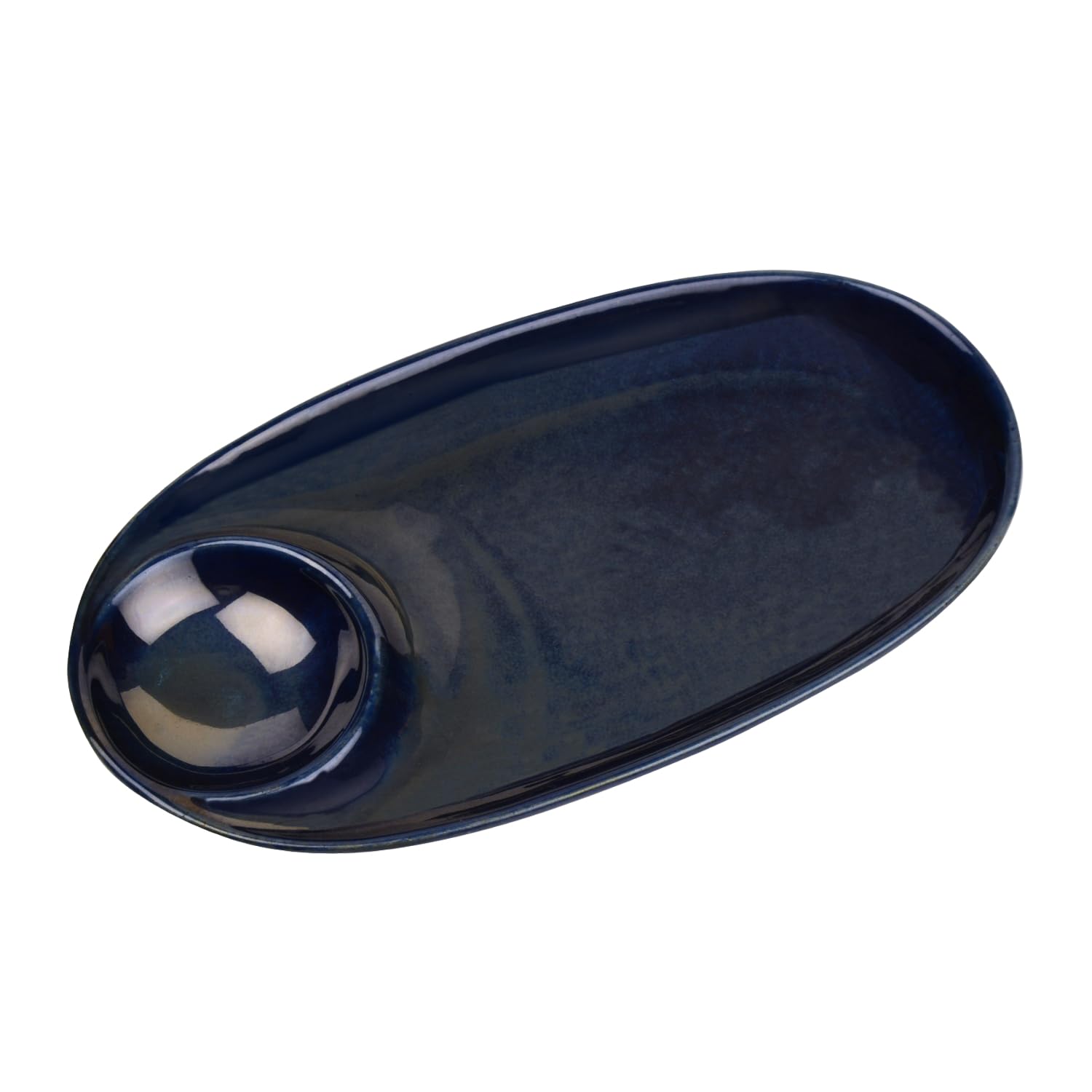Premium Hand Glazed Ceramic Chip & Dip Platter With Fixed Dip Bowl - Botz Blue, L X B - 28 X 14 Cm, 550 Gm | Starter Serving Platter - Kebab Platter Premium Hand Glazed Ceramic Chip & Dip Platter With Fixed Dip Bowl - Botz Blue, L X B - 28 X 14 Cm, 550 Gm | Starter Serving Platter - Kebab Platter