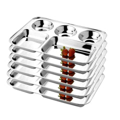 Silver Stainless Steel Partition Plate 5 In 1 - Bhojan Thali | Compartment Plate - Steel Thali - Dinner Plate Set Of 6