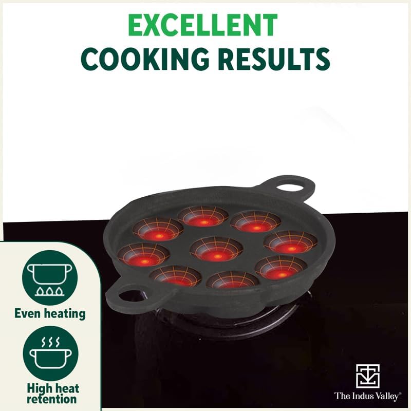 Super Smooth Black Cast Iron Paniyaram Pan With Free Wooden Picker - 9 Pit, 8.2 Inch, 20.8 Cm, 2.7 Kg | Induction Friendly, Pre-Seasoned Paddu Pan, 100% Pure & Toxin-Free, No Chemical Coating Super Smooth Black Cast Iron Paniyaram Pan With Free Wooden Picker - 9 Pit, 8.2 Inch, 20.8 Cm, 2.7 Kg | Induction Friendly, Pre-Seasoned Paddu Pan, 100% Pure & Toxin-Free, No Chemical Coating