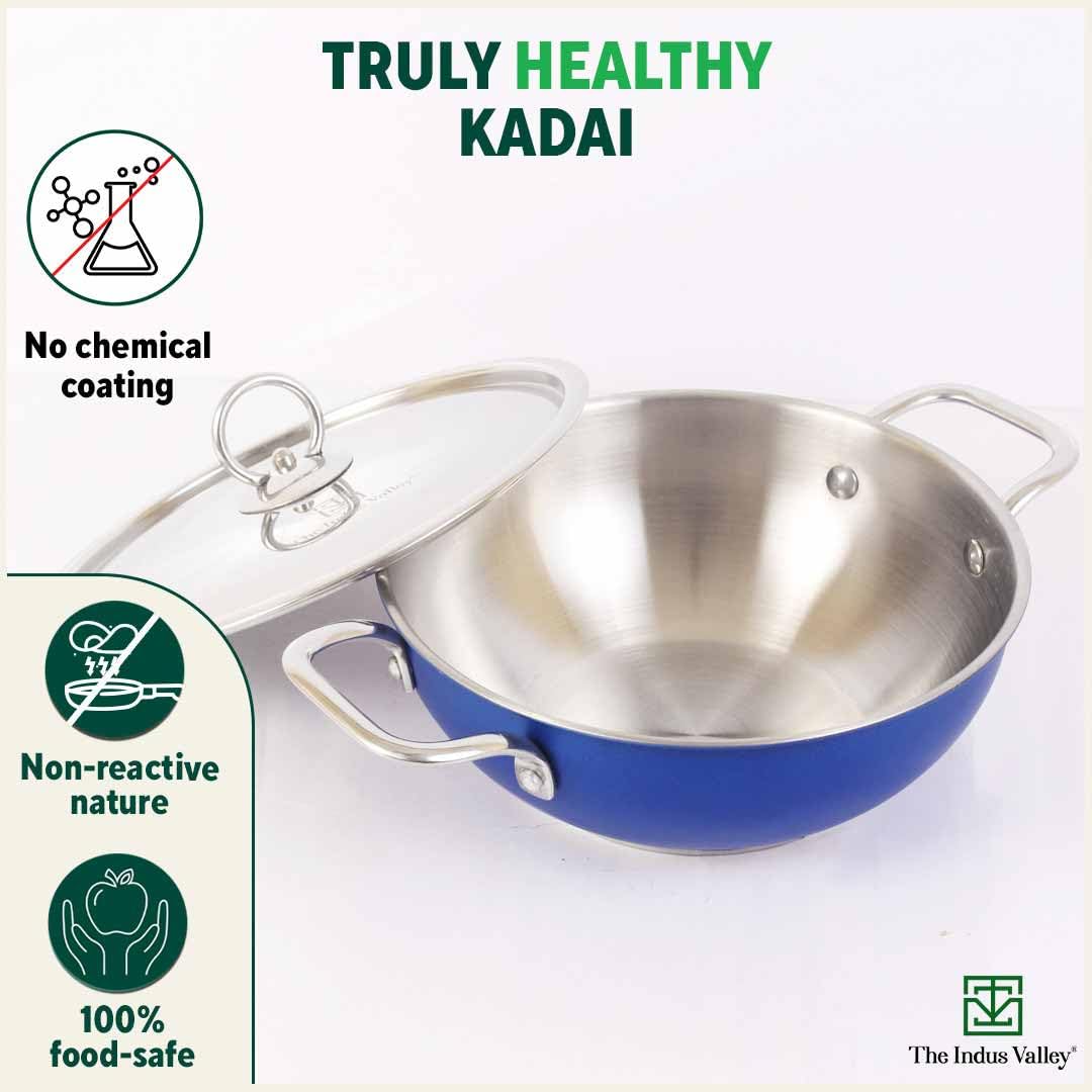 Coloured Stainless Steel Kadai With Steel Lid - Blue, Large, 28.8cm, 11.3 Inch, 4.5 Liters, 1.2 Kg | Induction Friendly, Nonstick 3-Layer Bottom, 100% Toxin-Free, No Chemical Coating Coloured Stainless Steel Kadai With Steel Lid - Blue, Large, 28.8cm, 11.3 Inch, 4.5 Liters, 1.2 Kg | Induction Friendly, Nonstick 3-Layer Bottom, 100% Toxin-Free, No Chemical Coating