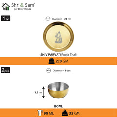Stainless Steel Shiv Parvati Ji Pooja Thali Set Of 3, Gold PVD Coating | 1 Pooja Thali+ 2 Katoris - Easy To Clean & Dishwasher Safe
